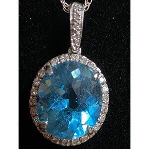 18" Chain Necklace with Blue Topaz and Diamonds Pendant Sterling Silver 925